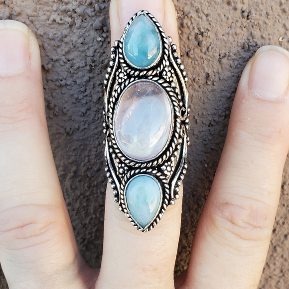 New Rose Quartz & Larimar 925 Silver Statement Ring. - Picture 14 of 15